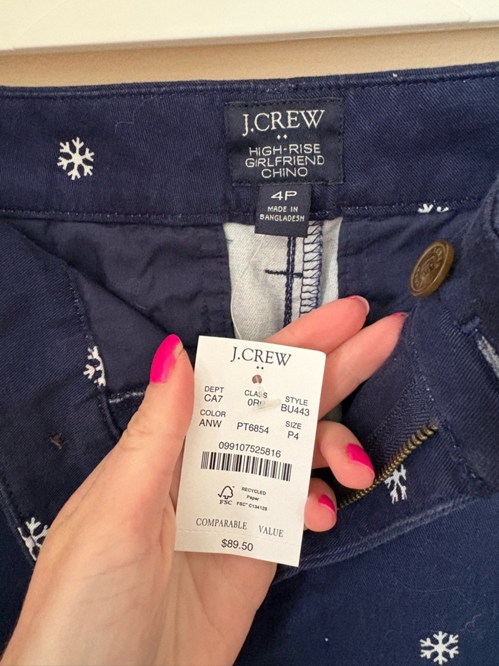 J. Crew High Rise Girlfriend Navy Snowflake- Print Women’s Chinos Pants Size 4P - Picture 3 of 5
